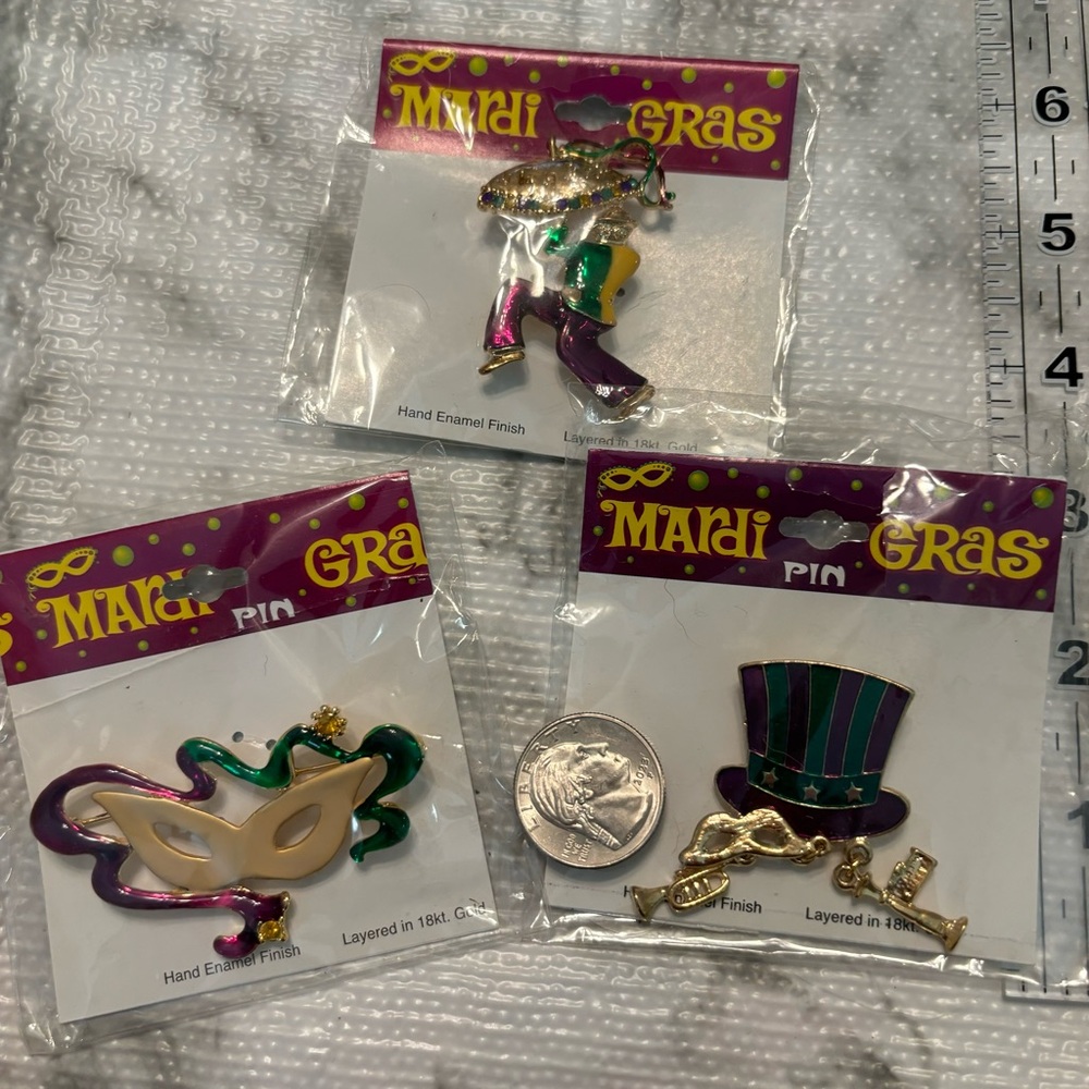 NEW Trio Set of Enameled and 18 Kt Gold Layered Mardi Gras Pins/ Brooches